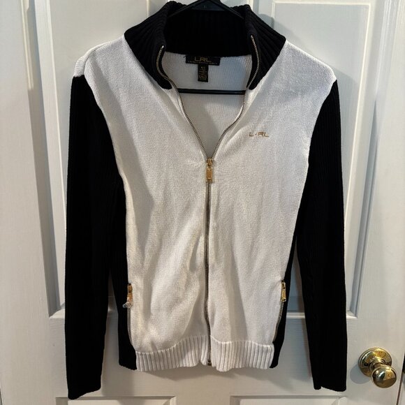 Lauren Ralph Lauren Black Label White and Black Zip-Up Cardigan Sweater ~ SP - Picture 1 of 3